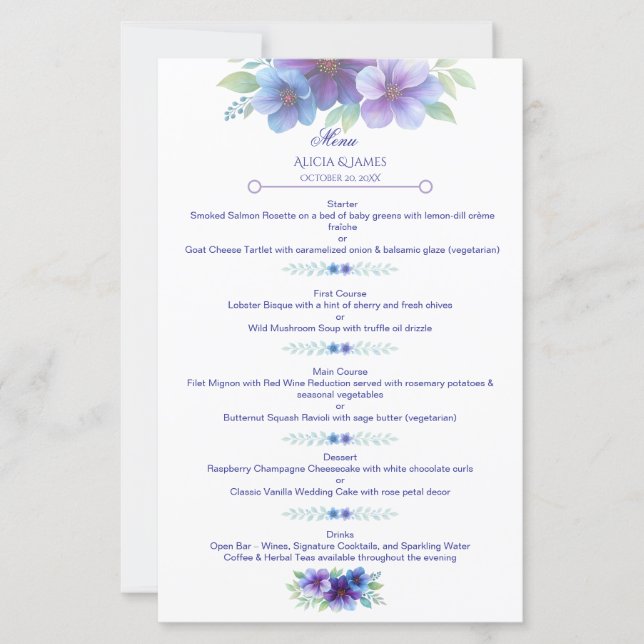 Romantic Purple Blue Botanical Wedding Menu (Front)