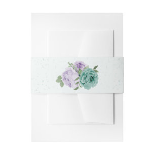 romantic purple blue flowers  greenery wedding invitation belly band