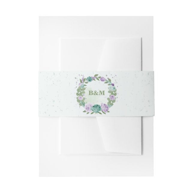romantic purple blue flowers  greenery wedding invitation belly band (Front Example)