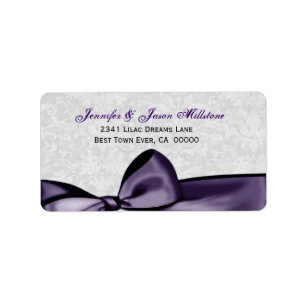 Romantic Purple Bow SIlver Damask Wedding Label