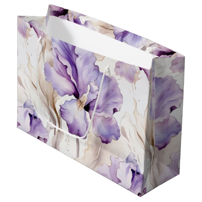 Romantic Purple Cream Iris Floral Bridal Shower Large Gift Bag (Front Angled)