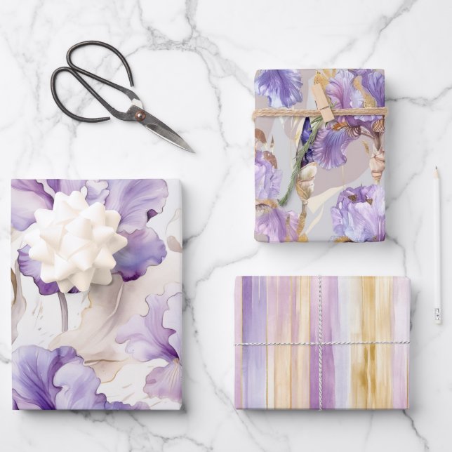 Romantic Purple Cream Iris Floral Bridal Shower Wrapping Paper Sheet (Front)