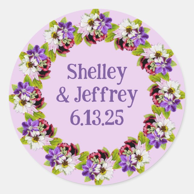Romantic Purple Daisy Wedding Floral Wreath Classic Round Sticker (Front)