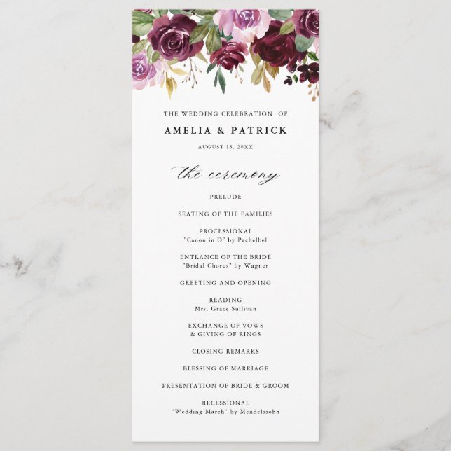 Romantic Purple Fall Floral Blooms Rustic Wedding Program (Front)