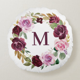 Romantic Purple Fall Floral Wreath Monogram Round Cushion
