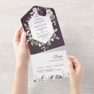 Romantic Purple Floral Greenery Wedding All In One Invitation