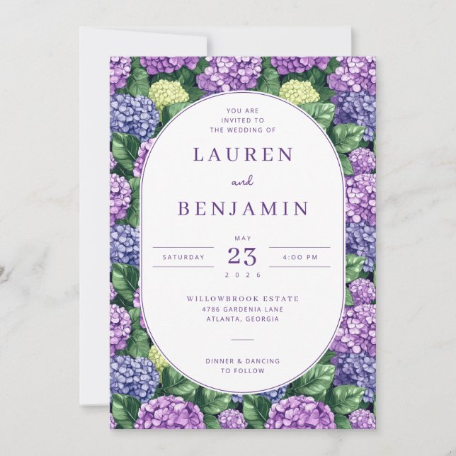 Romantic Purple Floral Hydrangea Border Invitation (Front)