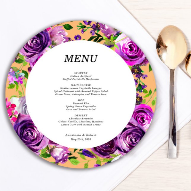 Romantic Purple Floral Round Menu Card (Creator Uploaded)