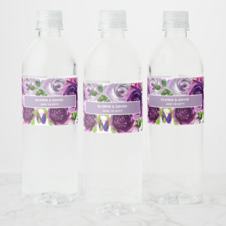 Romantic Purple Floral Water Bottle Label