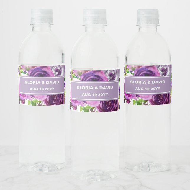 Romantic Purple Floral Water Bottle Label (Bottles)