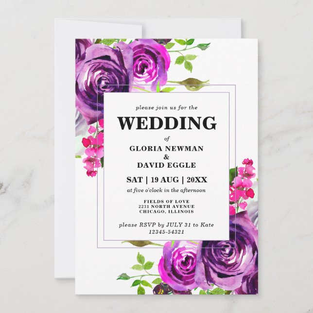 Romantic Purple Floral Wedding Invitation (Front)