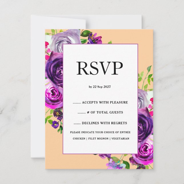 Romantic Purple Floral Wedding RSVP Card (Front)