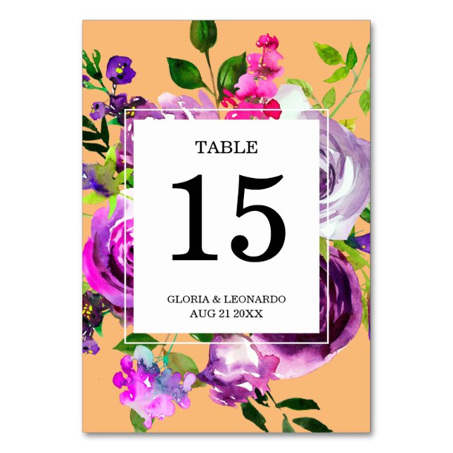 Romantic Purple Floral Wedding  Table Number (Front)