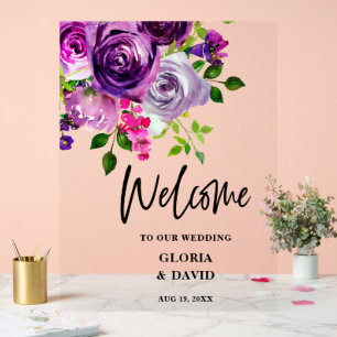 Romantic Purple Floral Wedding Welcome Acrylic Sign