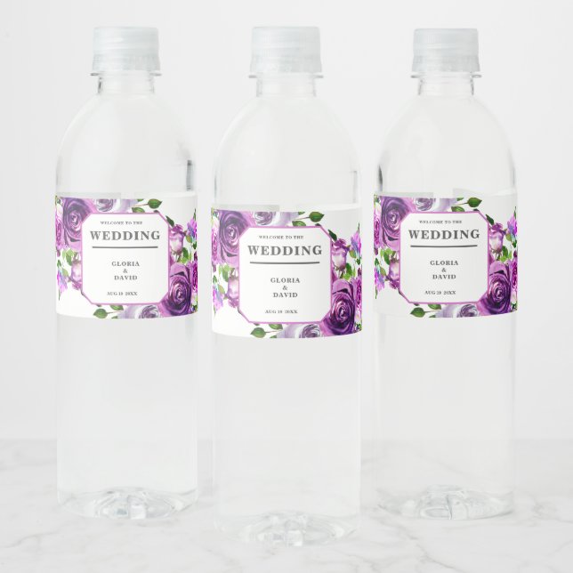 Romantic Purple Floral Wedding Wine Label (Bottles)