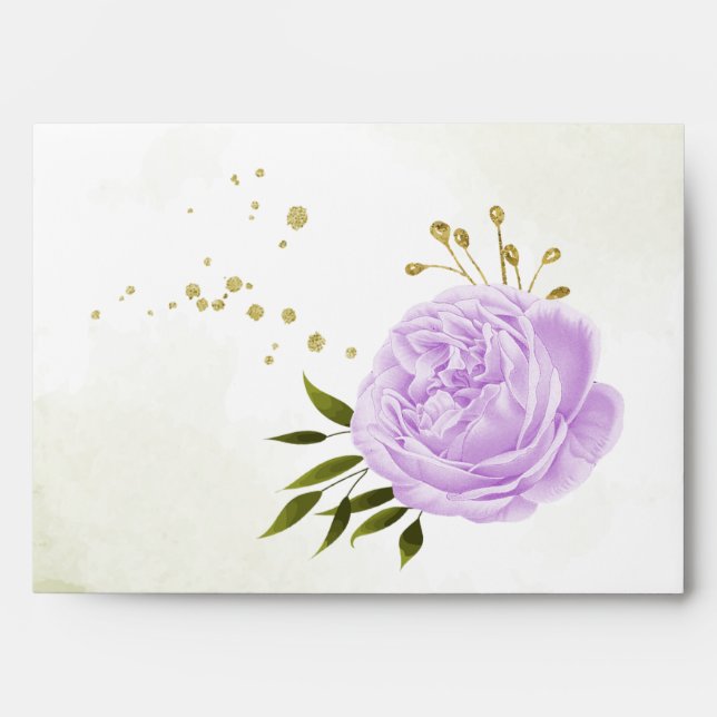 Romantic purple flower green leaves wedding envelope (Front)