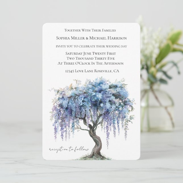 Romantic Purple Flowering Tree Wedding Invitation (Standing Front)