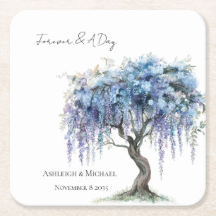 Romantic Purple Flowering Tree Wedding Square Paper Coaster