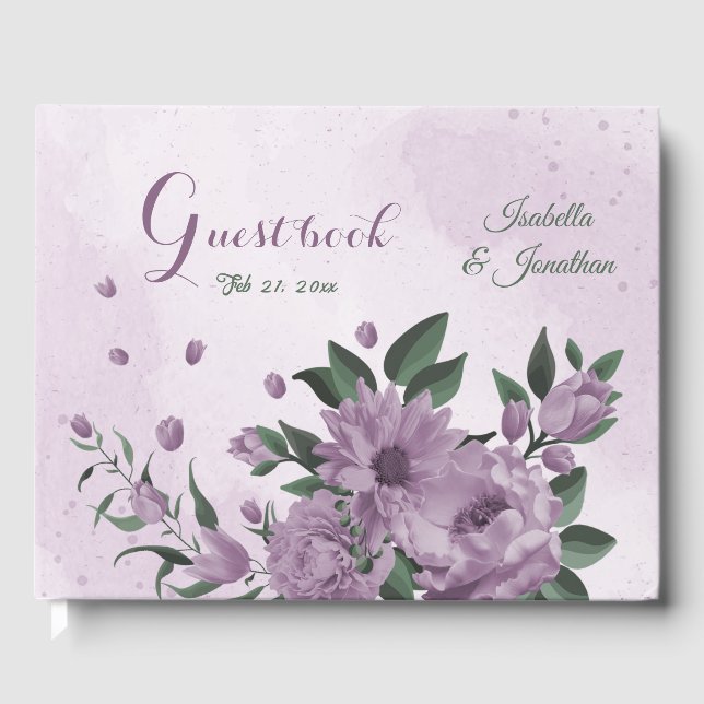 romantic purple flowers botanical wedding guest book (Front)