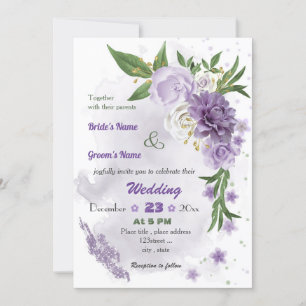 romantic purple flowers botanical wedding invitation