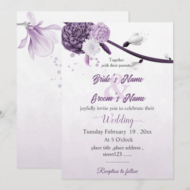 romantic purple flowers botanical wedding invitation (Front/Back)