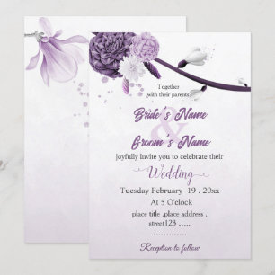 romantic purple flowers botanical wedding invitation