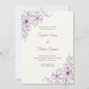 Romantic Purple Flowers Floral White Cream Wedding Invitation