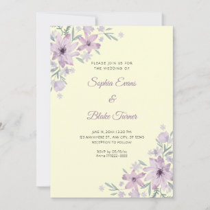 Romantic Purple Flowers Floral Yellow Wedding Invitation