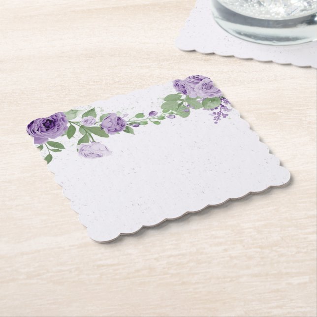 romantic purple flowers green leaves botanical pap paper coaster (Angled)