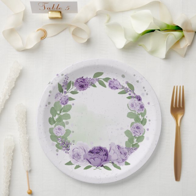 romantic purple flowers green leaves botanical pap paper plate (Wedding)