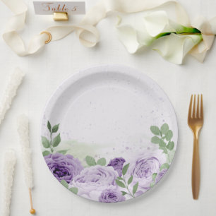 romantic purple flowers green leaves botanical paper plate