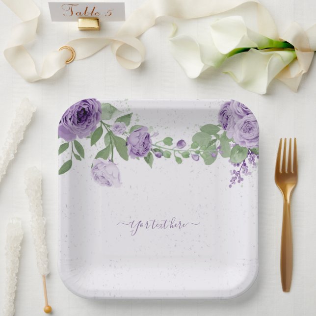 romantic purple flowers green leaves botanical paper plate (Wedding)