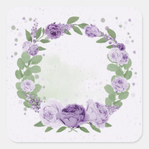romantic purple flowers green leaves botanical squ square sticker