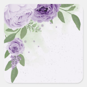 romantic purple flowers green leaves botanical square sticker