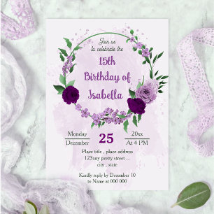 Romantic purple flowers greenery birthday invitation
