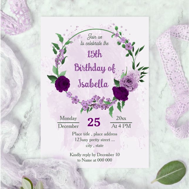 Romantic purple flowers greenery birthday invitation (Creator Uploaded)