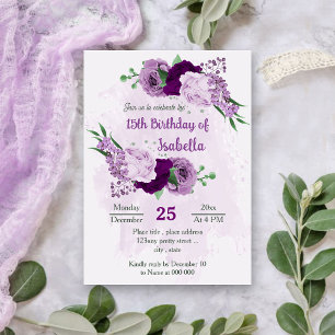 Romantic purple flowers greenery birthday invitation
