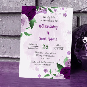 Romantic purple flowers greenery birthday invitation