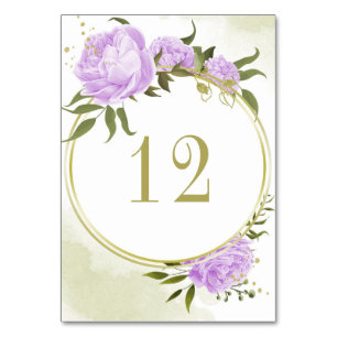 Romantic purple flowers greenery gold wreath table number