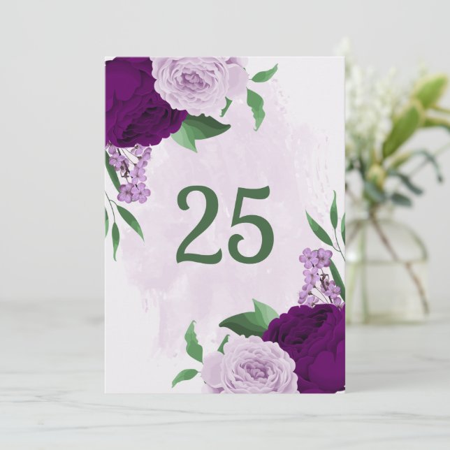 Romantic purple flowers greenery table number card (Standing Front)