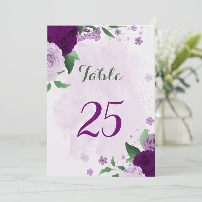 Romantic purple flowers greenery table number card (Standing Front)