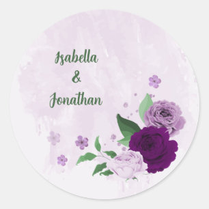 Romantic purple flowers greenery wedding classic round sticker