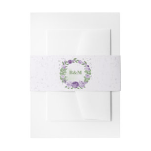 romantic purple flowers greenery wedding invitation belly band