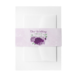 Romantic purple flowers greenery wedding invitation belly band