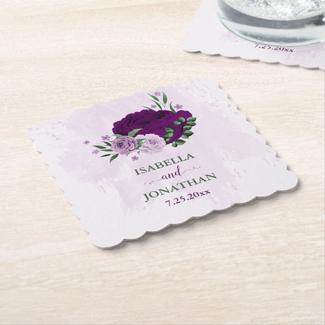Romantic purple flowers greenery wedding paper coaster (Angled)