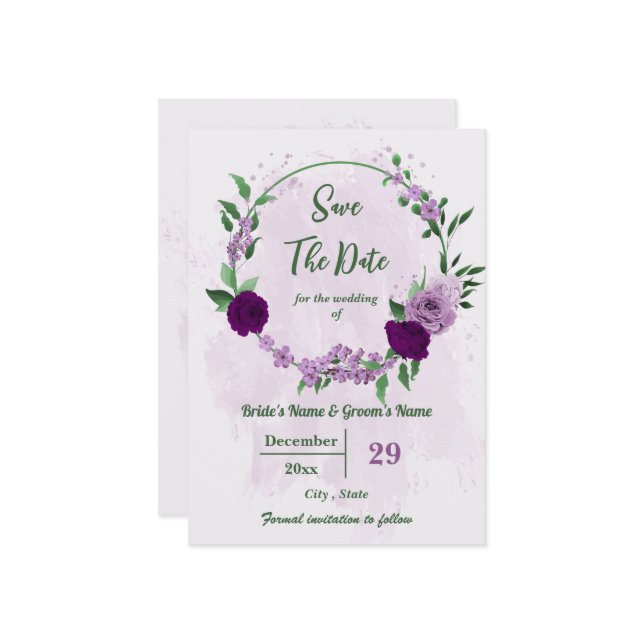 Romantic purple flowers greenery wedding save the date (Front/Back In Situ)