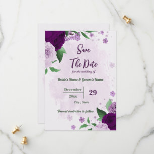 Romantic purple flowers greenery wedding save the date
