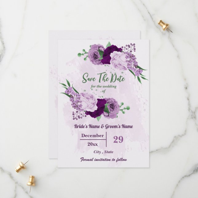 Romantic purple flowers greenery wedding save the date (Front/Back In Situ)