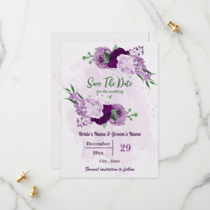 Romantic purple flowers greenery wedding save the date