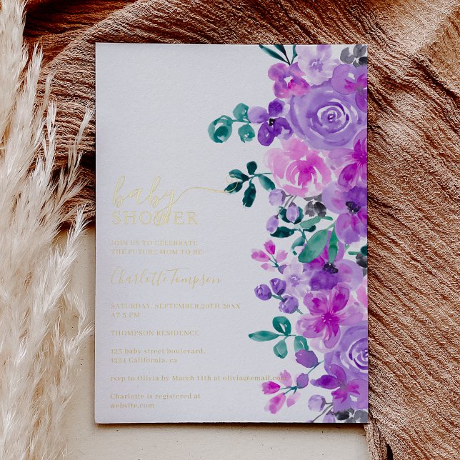Romantic purple flowers lavender baby shower (Romantic real gold foil purple flowers lavender baby shower invitation)
